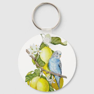 Blauwe Budgie in citroenboom waterverf botanische Sleutelhanger