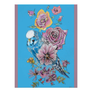 Blauwe Budgie Rode Roos Pastel Waterverf Kunst Pos Perfect Poster