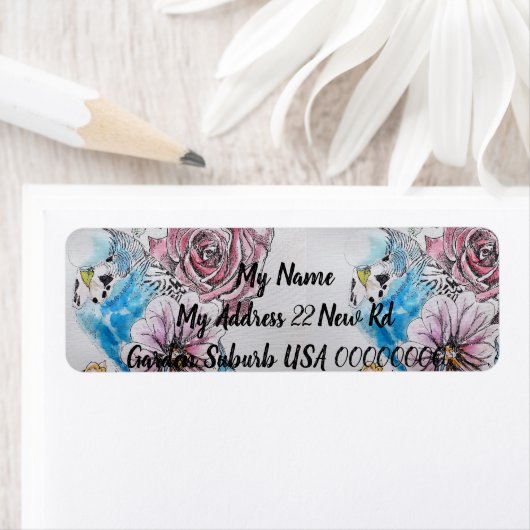 Blauwe Budgie Roos Waterverf Retouradreslabels Etiket (Insitu)