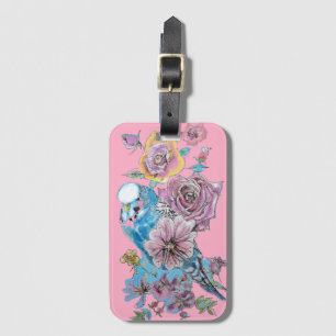 Blauwe Budgie Roze Bloemige Waterverf Bagage Label
