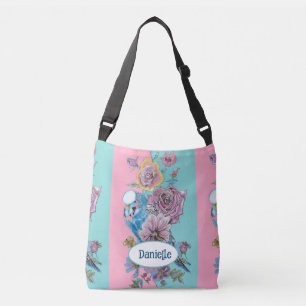 Blauwe Budgie Vogel Roos Bloemig Roze Aqua Meisjes Crossbody Tas