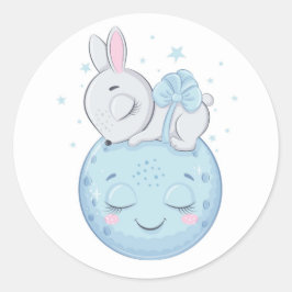 Blauwe Bunny die over een maan gaat Ronde Sticker