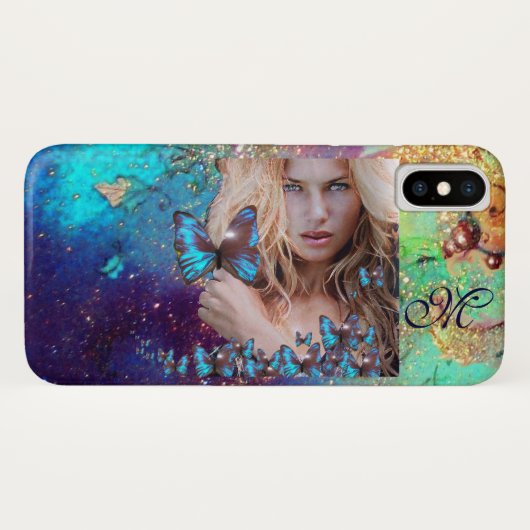 BLAUWE BUTTERFLES MET GROENE GOUDEN MONOGRAM Case-Mate iPhone CASE (Achterkant (horizontaal))