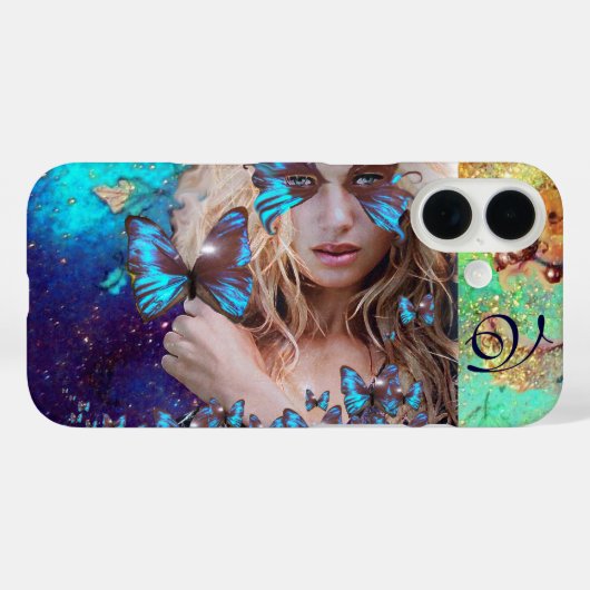 BLAUWE BUTTERFLES MET GROENE GOUDEN MONOGRAM Case-Mate iPhone CASE (Achterkant (horizontaal))