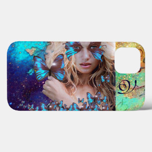BLAUWE BUTTERFLES MET GROENE GOUDEN MONOGRAM iPhone 13 HOESJE