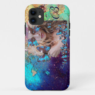 BLAUWE BUTTERFLES MET GROENE GOUDEN MONOGRAM iPhone 11 HOESJE