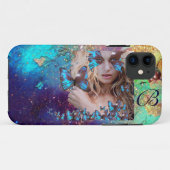 BLAUWE BUTTERFLES MET GROENE GOUDEN MONOGRAM Case-Mate iPhone CASE (Achterkant (horizontaal))