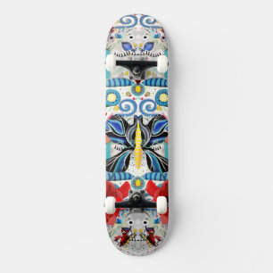 Blauwe Butterflies Insects swirls retro poppies co Skateboard
