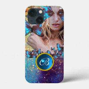 BLAUWE BUTTERFLY LADY, BLAUWGROEN GOLD SPARKLE GEM iPhone 13 MINI HOESJE