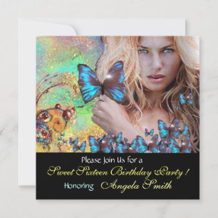 BLAUWE BUTTERFLY SWEET 16 PARTIJMONOGRAM KAART