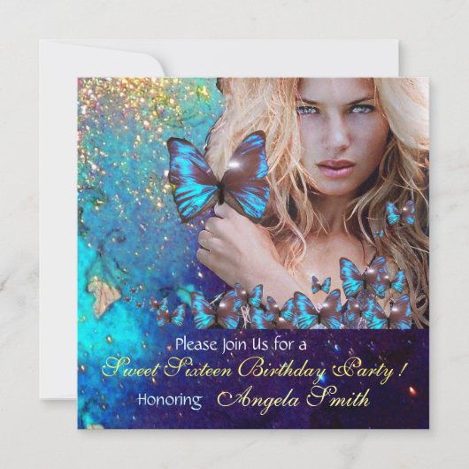 BLAUWE BUTTERFLY SWEET 16 PARTIJMONOGRAM KAART (Voorkant)