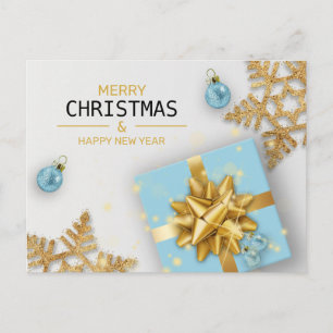 Blauwe cadeaudoos gouden sneeuwvlokken kerstballen feestdagenkaart