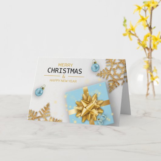 Blauwe cadeaudoos met kerstballen Goud Snowflakes Kaart (Gele Bloem)