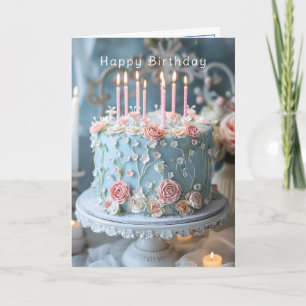 Blauwe cake roze rozen en kaarsen Gefeliciteerd me Kaart