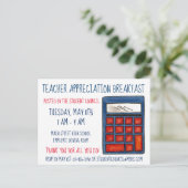 Blauwe calculator Wiskunde lerarenwaardering Uitnodiging Briefkaart (Staand voorkant)