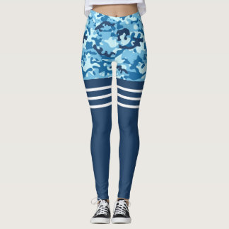 Blauwe camo drievoudige witte streep dij hoog leggings