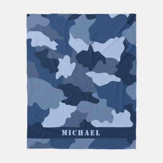 Blauwe Camouflage Patroon Monogram Naam Fleece Deken (Voorkant)