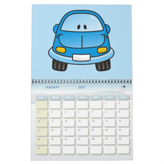 Blauwe cartoon auto kalender (Jan 2027)