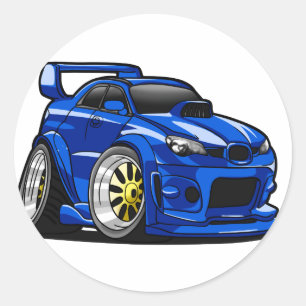 Blauwe cartoon voor de snelheid van de spierwagen  ronde sticker