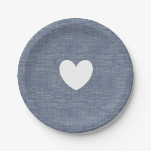 Blauwe chambray denim hart op maat papier bord
