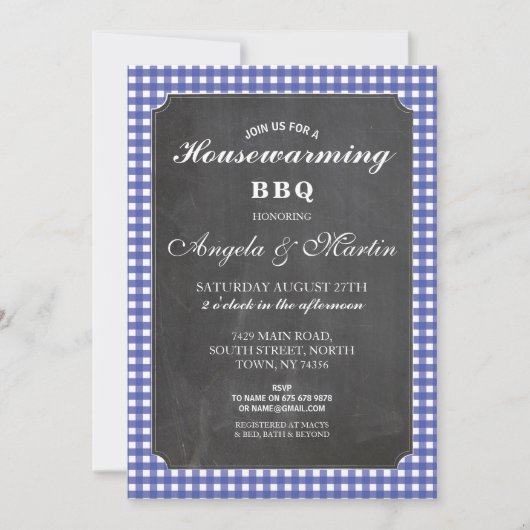 Blauwe Check Chalk BBQ Uitnodigen voor Housewarmin Kaart (Voorkant)