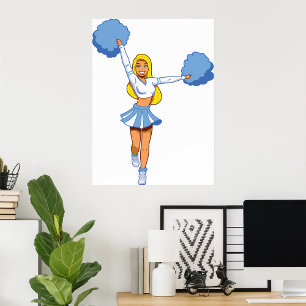 Blauwe Cheerleader met Pom Poms Cheer Team Poster