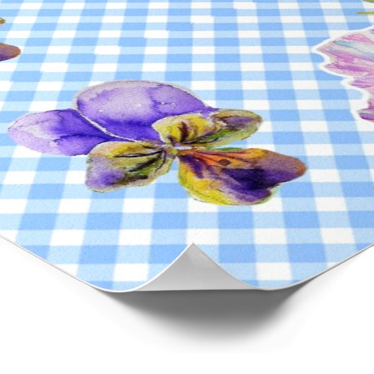Blauwe cheque bloemen bloemen Shabby Chic Poster (Hoek)