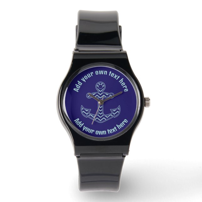 Blauwe Chevron Anker Nautische aangepaste tekst Horloge (Voorkant)