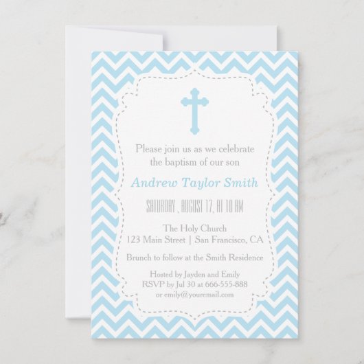 Blauwe Chevron Cross doop uitnodigingen (Voorkant)