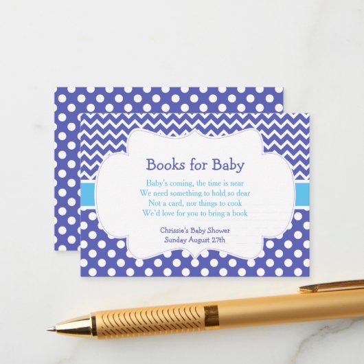 Blauwe Chevron & Polka Dot Book Request Informatiekaartje (Voorkant / Achterkant in situ)