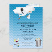 Blauwe Chevron Stork Baby Sip en See Party Kaart (Voorkant / Achterkant)