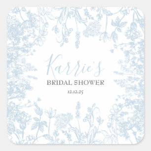 Blauwe Chinoiserie bloem bruidsfeest cadeautags, Vierkante Sticker