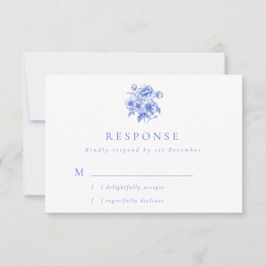 Blauwe Chinoiserie Bloemen Huwelijk RSVP Kaartje (Voorkant)