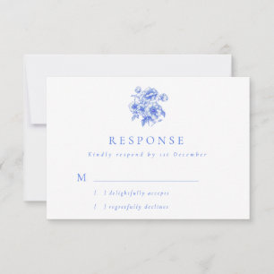  Blauwe Chinoiserie Bloemen Huwelijk RSVP Kaartje