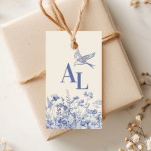 Blauwe Chinoiserie Floral Botanische bruiloft Cadeaulabel