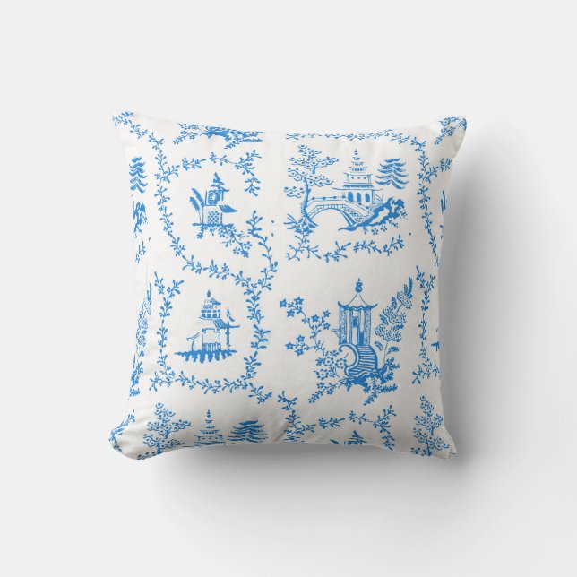 Blauwe Chinoiserie Pagode Kussen (Voorkant)
