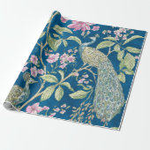 Blauwe Chinoiserie pauw bloemendecoupage Cadeaupapier (Uitgerold)