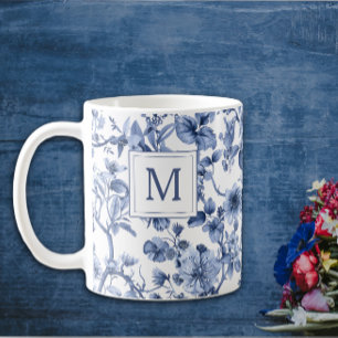 Blauwe Chinoiserie Toile Pattern Monogram Koffiemok