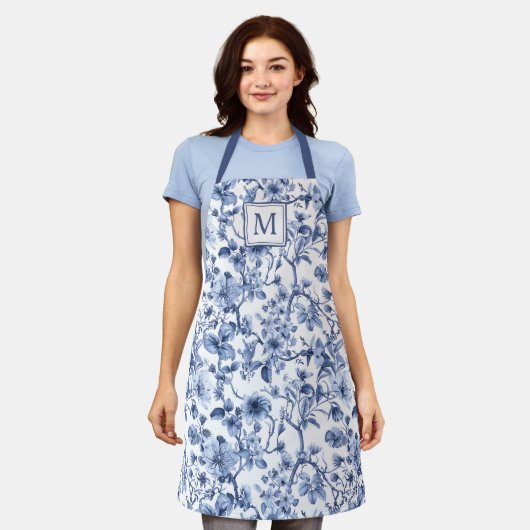 Blauwe Chinoiserie Toile Pattern Monogram Schort (Gedragen)