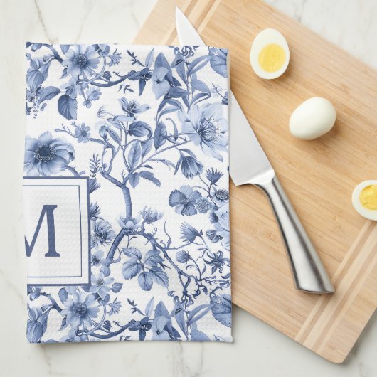 Blauwe Chinoiserie Toile Pattern Monogram Theedoek (Quarter Fold)