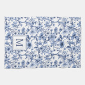 Blauwe Chinoiserie Toile Pattern Monogram Theedoek (Horizontaal)