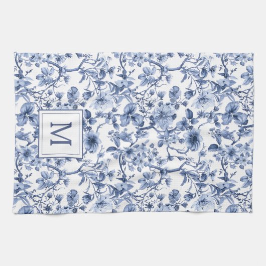 Blauwe Chinoiserie Toile Pattern Monogram Theedoek (Horizontaal)