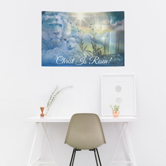 Blauwe Christus is verrezen Cross Lion Lamb Pasen Spandoek