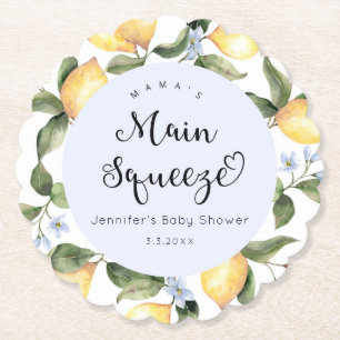 Blauwe citroen mamas hoofd squeeze baby shower kartonnen onderzetters