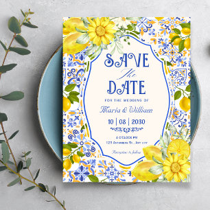 Blauwe citroentegel patroon kunst bruiloft save the date