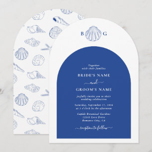Blauwe Clam Schelpen Kust Zeekant Strand Bruiloft Kaart