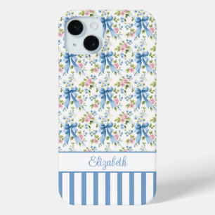 Blauwe Coquette Boogjes Met Gebloemde Monogram iPhone 15 Mini Hoesje