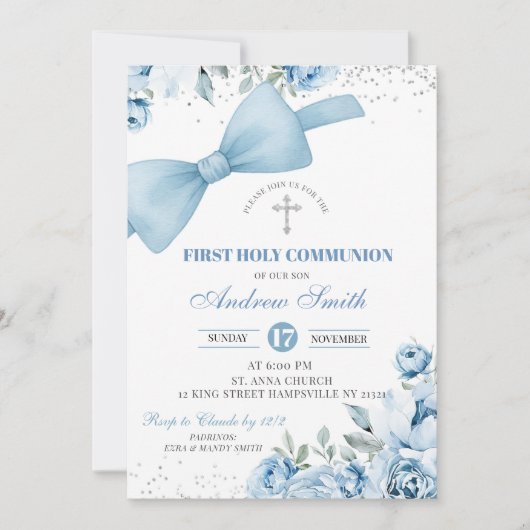 Blauwe Coquette Eerste Heilige Communie Kaart (Voorkant)