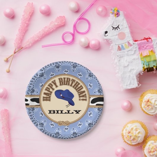 Blauwe Cowboy Birthday,  Borden Papieren Bordje (Feest)