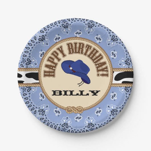 Blauwe Cowboy Birthday,  Borden Papieren Bordje (Voorkant)